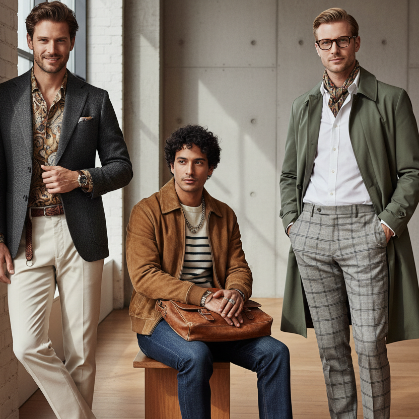 erstelle mir ein bild mit männlichen models die qualitativ hochwertige secondhand kleidung tragen. die model sollen so realisisch wie möglich sein